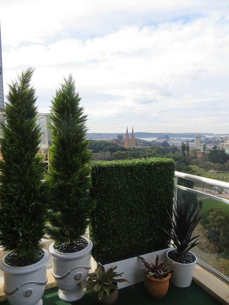 živý plot v záhrade balkón-nápad-rastliny-sklenené zábradlie