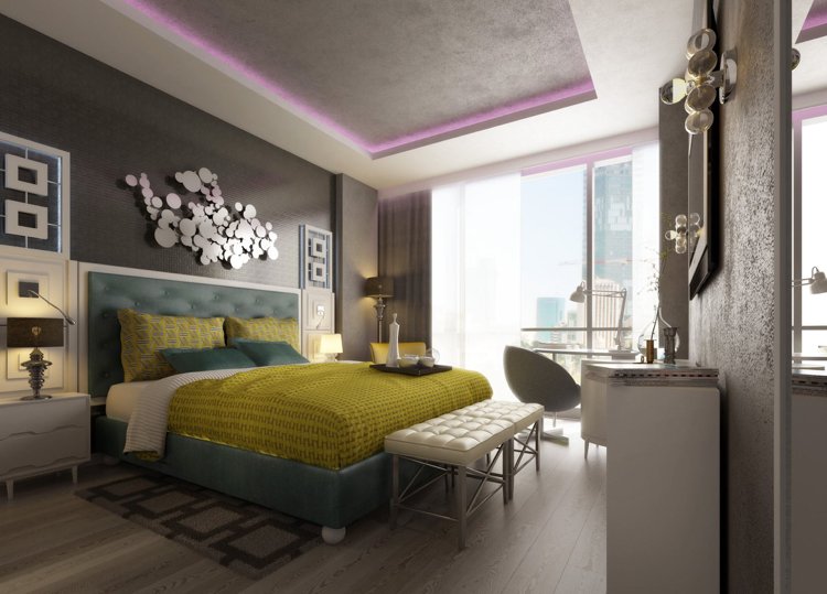 koncepty prvotriednych izieb-luxusná suita-zavesený strop-purpurové LED diódy