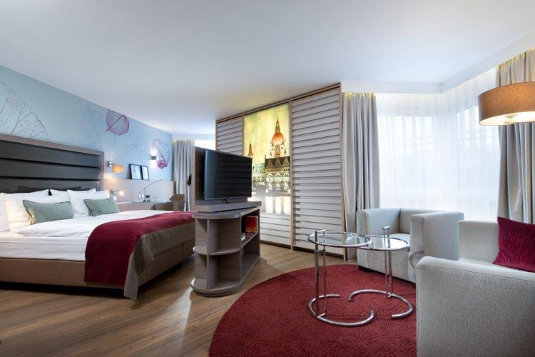 prvotriedne koncepty izieb-suita-delič-drevený regálový systém-tv-sedenie-posteľ