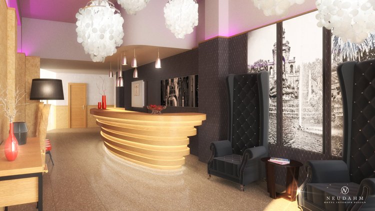 prvotriedne koncepty izieb-vizualizácia-lobby-recepcia-drevo-purpurové-LED-pásy-čierne-krídlo-kreslá-prešívané