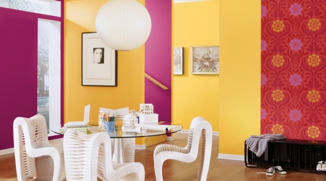 moderná jedáleň stena farba žltá tapeta Farba steny jedálne žltý vzor tapety