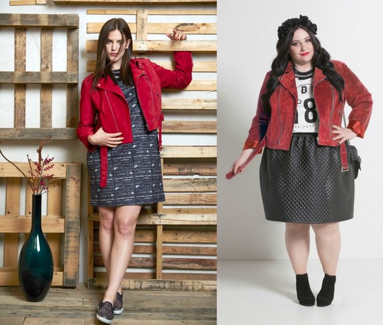 Šaty a sukňa v čiernej kombinácii s červenou bundou Móda na bacuľaté -trendy-šaty-sukne-červená-zamatová bunda-jeseň