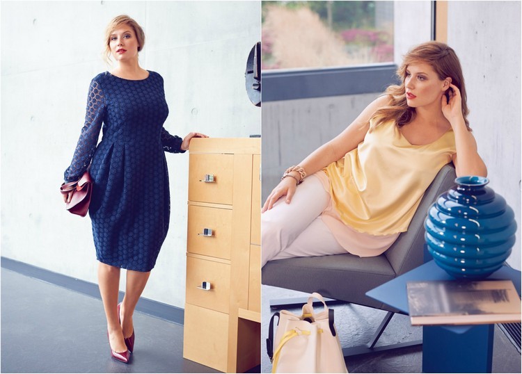 modré šaty po kolená a žltý saténový top vo veľkých veľkostiach Móda k bacuľatému trendovému-dĺžke po kolená-modrom-šatách-žlto-saténovom topu