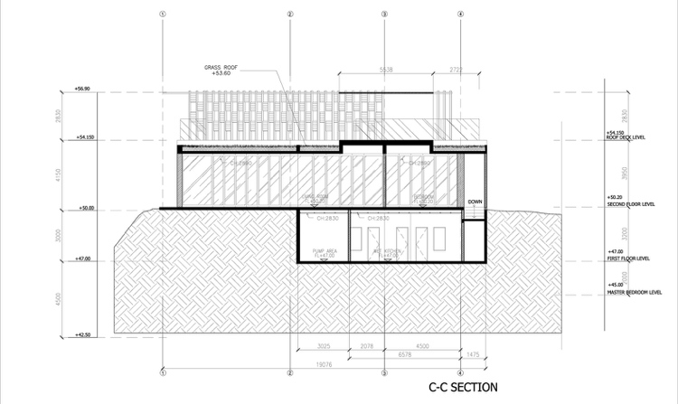 Archiketurplan Prierez trávnikom domu na streche