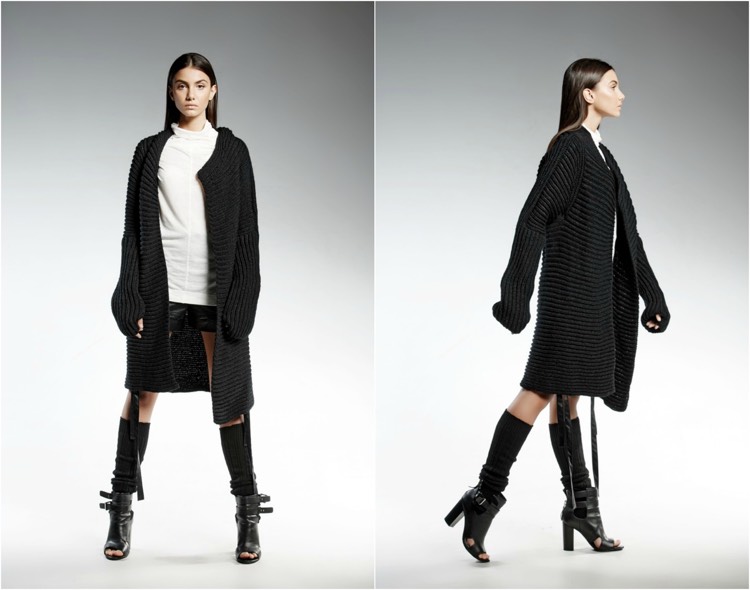 kardigan po kolená v čiernej farbe moderná módna značka-pendari-dámy-sveter-čierno-biela-blúzka