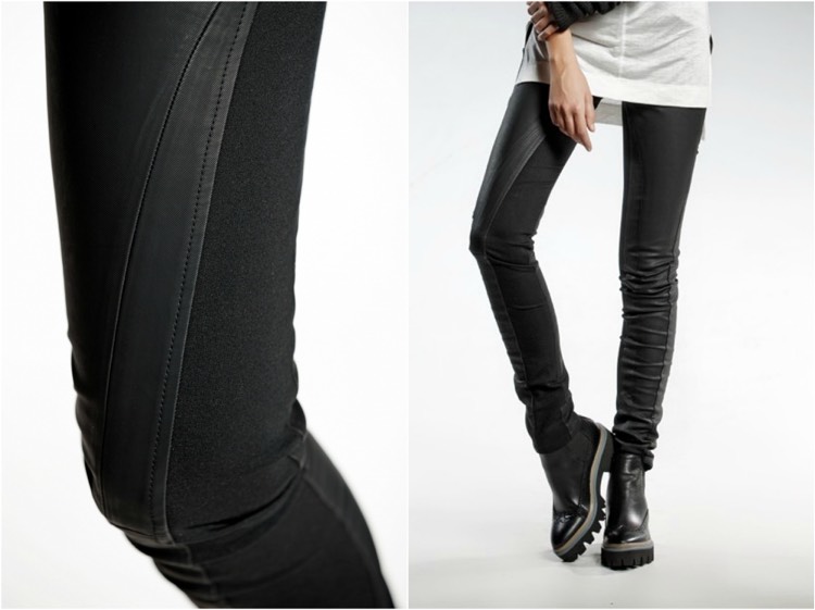 čierne nohavice s koženými akcentmi moderná-módna-značka-pendari-nohavice-čierna-akcenty-koža