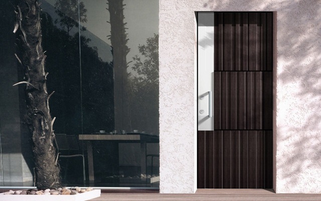 tmavé drevené dvere nápady na dizajn vstupného domu z nerezovej ocele Nápady na dizajn vstupného domu z nehrdzavejúcej ocele modelujú pevnú stenu