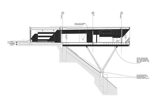 Sessa Residence California, bočný pohľad na plochú strechu so stĺpikom
