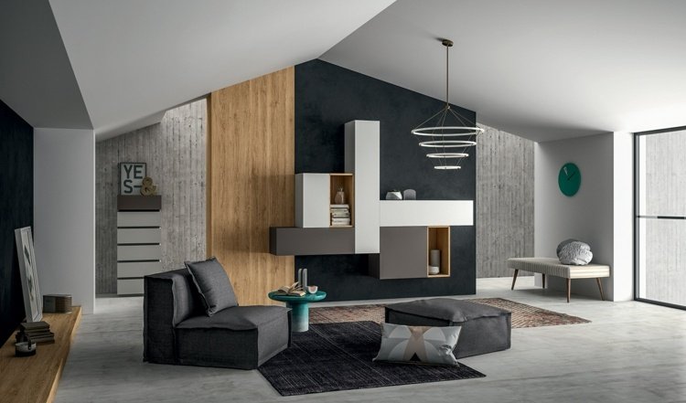 nástenná jednotka v obývacej izbe biela sivá moderný modulárny systém prízvuk čiernej steny