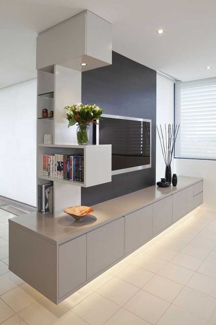 nástenná jednotka v obývačke rohový dizajnový nápad sivé béžové svetlé zariadenie nepriameho osvetlenia