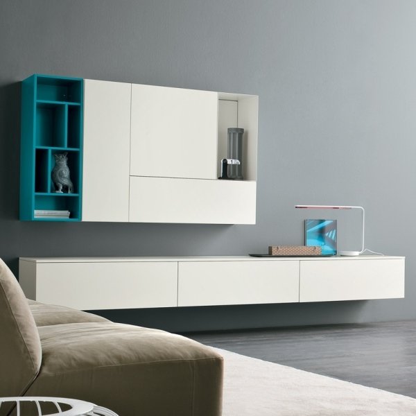 moderná nástenná jednotka biele tyrkysovo modré modulárne police