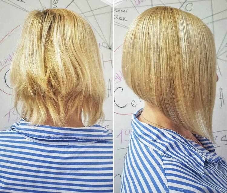 bob účes s krátkym krkom blond hladký elegantný