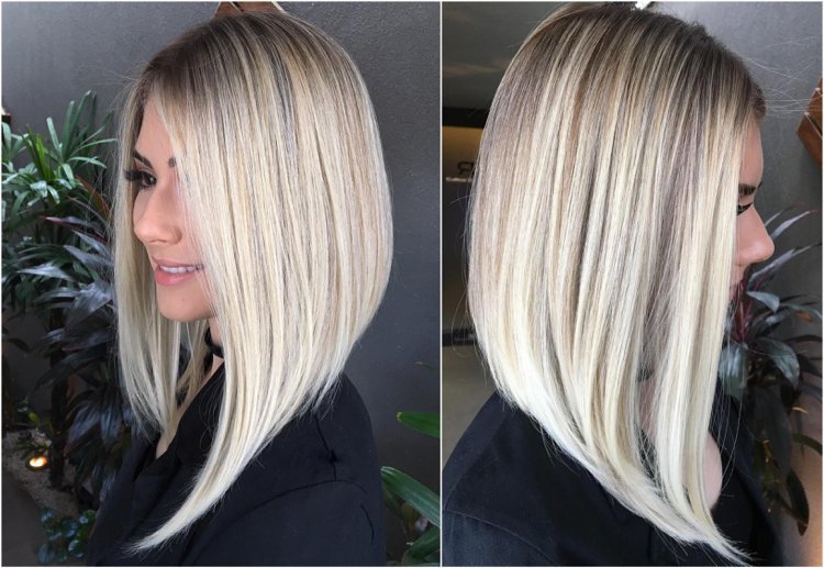 Vpredu dlhý bob, vzadu dlhý, krátky blond, tmavší krk