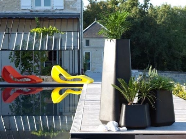 drevená paluba zelené črepníkové rastliny-kvetináče skalka