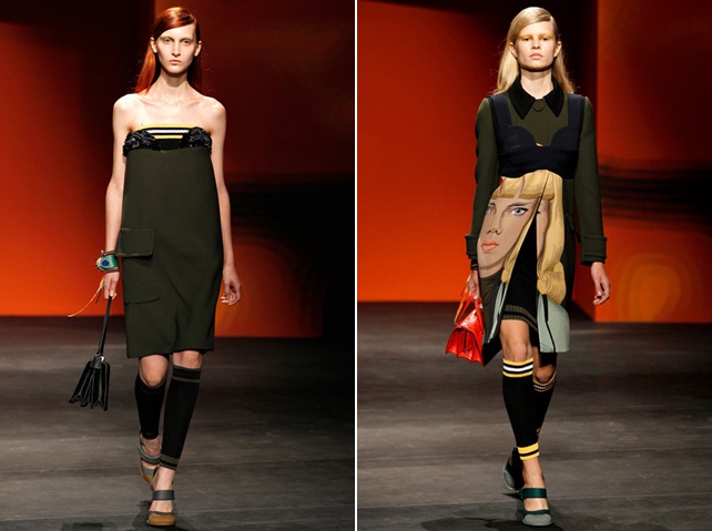 Čierne ponožky Prada pre ženy stoja pred krásnou novou módou