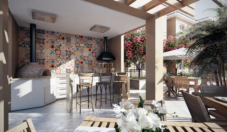 finca mallorca letná kuchyňa mix obkladov pizza pec plynový gril barový pult