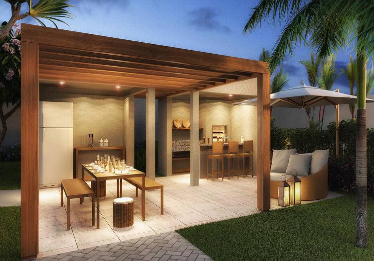 voľne stojaca drevená pergola vonkajšia kuchyňa jedálenský kút barový pult