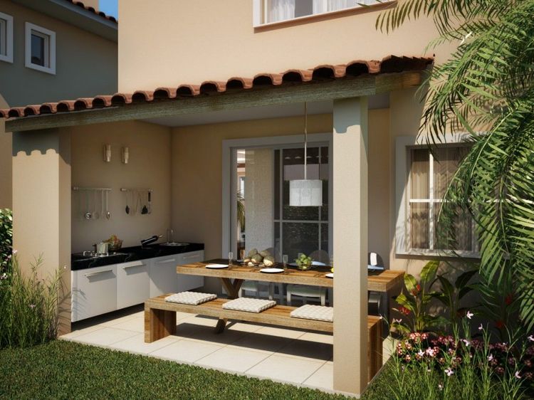 vonkajšia kuchyňa záhrada kuchyňa nekrytá terasa drevený jedálenský stôl lavica