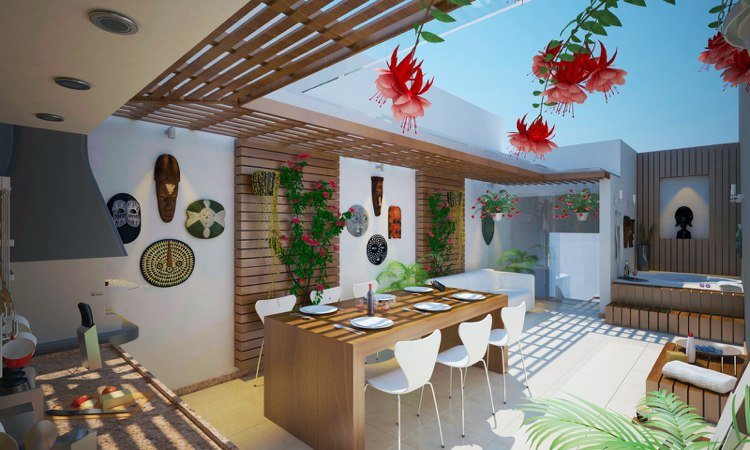 Nápad na záhradnú kuchyňu Jedáleň popínavé rastliny treláže