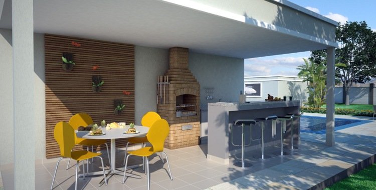 Záhradná pec murovaný barový pult, jedálenský kút, dekorácie stien