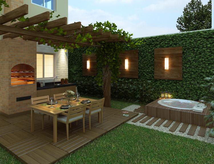 Záhradná pec murovaná na drevené uhlie drevená pergola popínavé rastliny ochrana pred slnkom