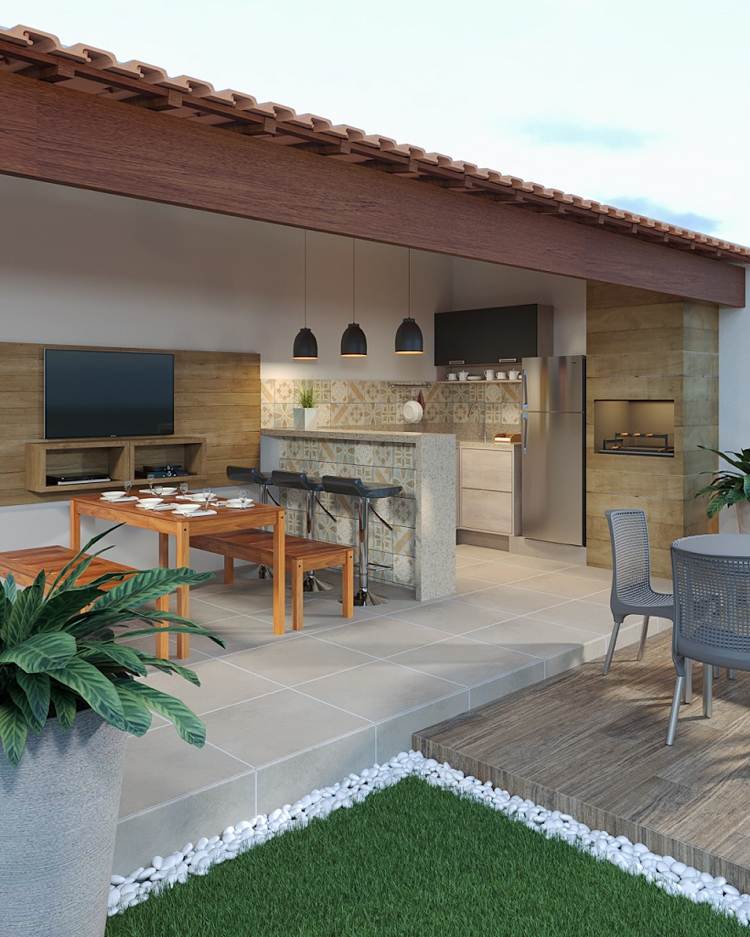 krytá terasa dlažba podlaha vonkajšia kuchyňa mokrý bar jedálenský kút béžovo šedé tóny