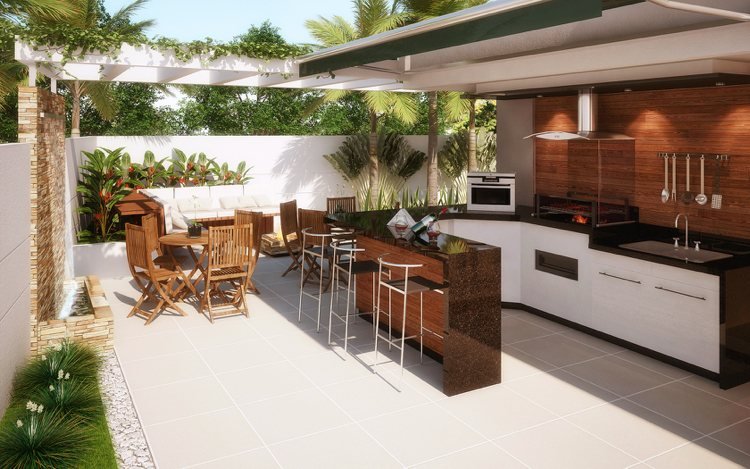 moderná letná kuchyňa roll-out markíza ochrana pred slnkom