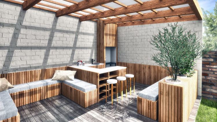 moderná letná kuchyňa betónová stena drevená krytina