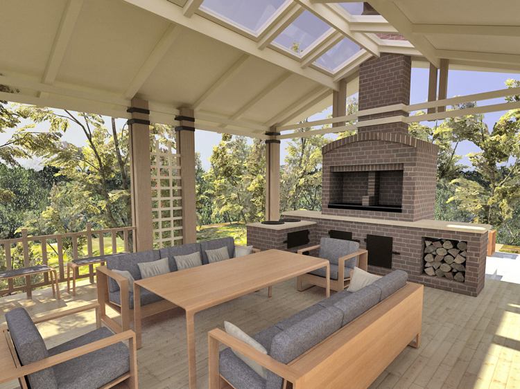 Letná kuchyňa, vetrolam, sklenené výplne, murovaná krytina