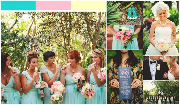 perfektná svadobná jarná paleta farieb tyrkysovo-ružovo-žltej farby