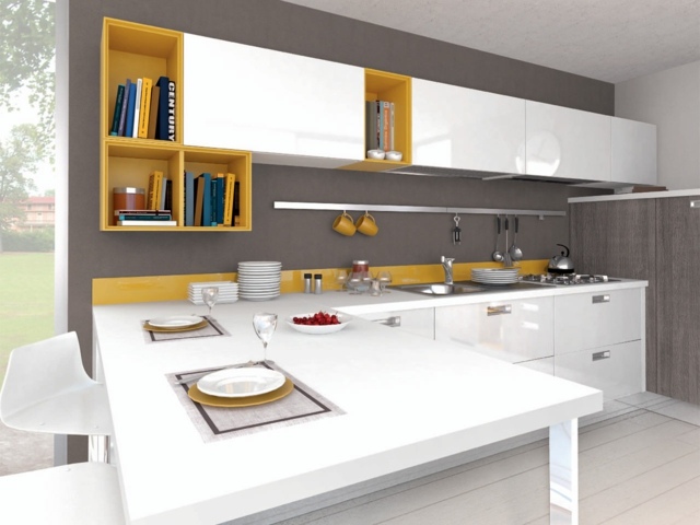 Rohová kuchynská jedálenská časť žlté nástenné police matná biela biela lesklá predná časť kuchyne