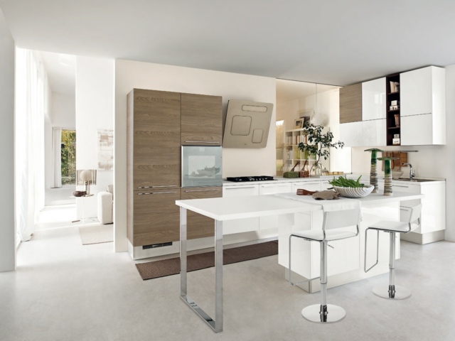 Kuchynské linky z prírodného dreva biele s vysokým leskom plánujú kuchynský ostrov