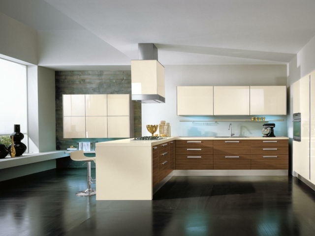 priestranná kuchyňa nad sklenenými čelami pod drevenými skriňami