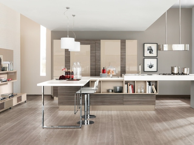 neutrálne farby kuchynský ostrovček závesné svetlo z nehrdzavejúcej ocele