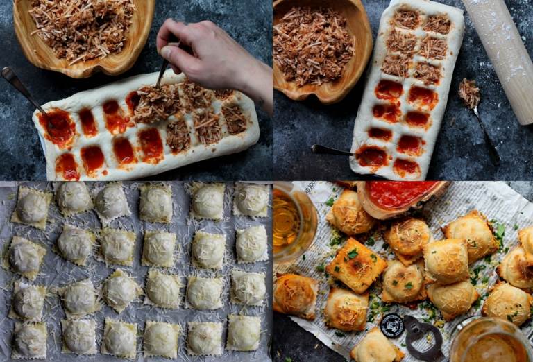 Večierkové sústo vyrobené z pizze v tvare formy na kocky ľadu s cestom na pizzu