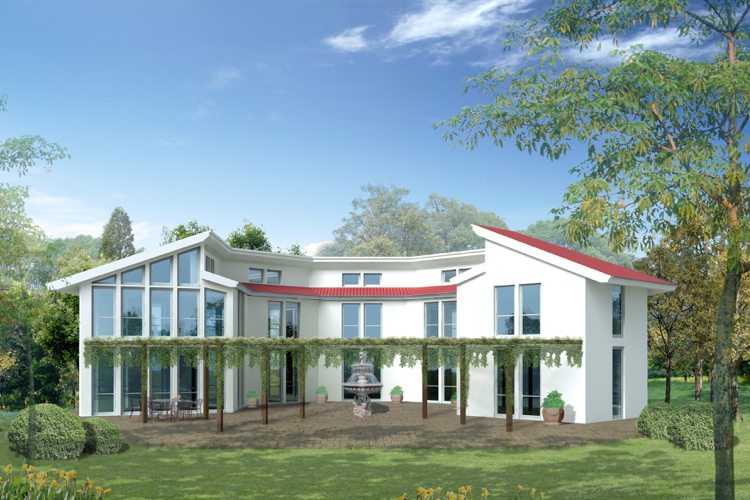 Montovaný dom vysnívaný dom stavba pultová strešná terasa fontána pergola popínavé rastliny