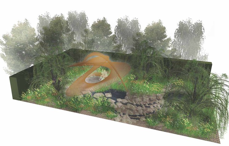 Vizualizácia záhradnej skice Cortenské oceľové sochárske jazierko
