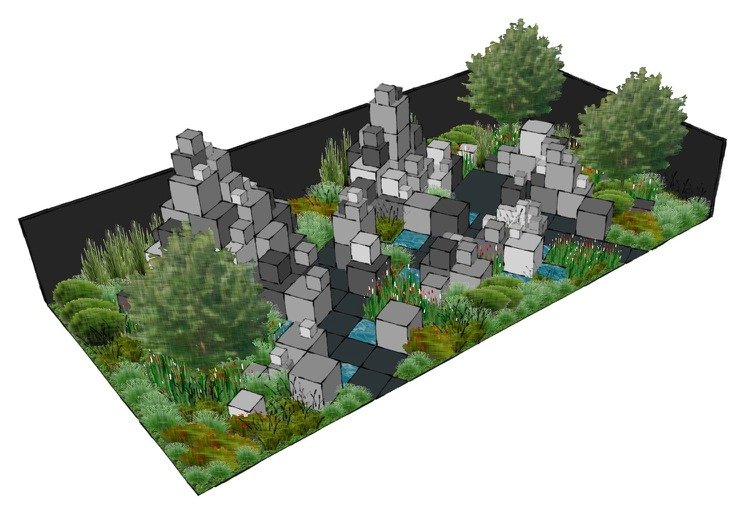 Betónové kocky vody a rastlín rôznej veľkosti