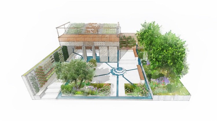 Záhradný náčrt pavilónu voda ponúka zelenú strechu