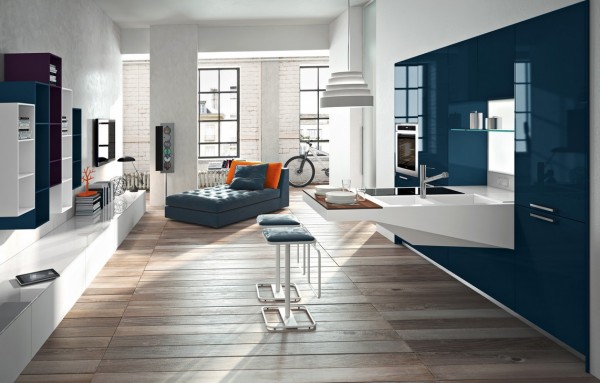 Kuchynské vzory snaidero kompaktný ostrovček vysoký lesk modrý lak talianska kuchyňa navrhuje snaidero kompaktný ostrovček vysoký lesk modrý lak