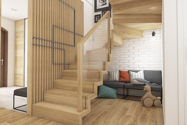 štvrťotáčkové schodisko s ťahanými schodmi, drevené uzavreté posedenie