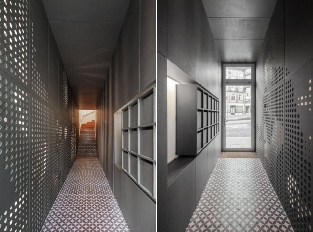 Modulárne jednotky s perforovanou štruktúrou-dláždené podlahy-projekt loios v Porte Kontajner-dlažba-dekoratívne-dierované-steny-konštrukcia-oceľ