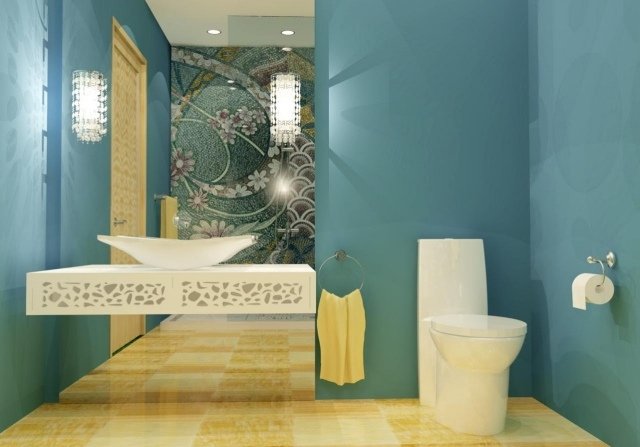 nástenný dizajn mozaika kvetinová kúpeľňa modrá žltá