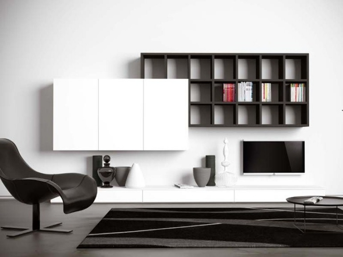 čiernobiela moderná nástenná jednotka v lakovanom prevedení s nízkou doskou, SPALLA G132 od Novamobili biela-čierna-nástenná jednotka-vo vysokom lesku-lak-závesná-na stenu-SPALLA-G132-Novamobili