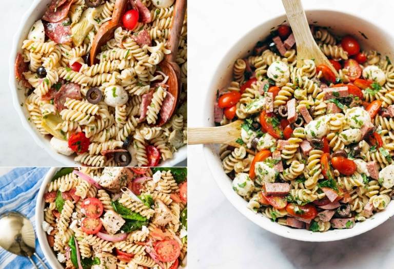 Taliansky cestovinový šalát s paradajkami, salámou, mozzarellou, špenátom, artičokmi a olivami