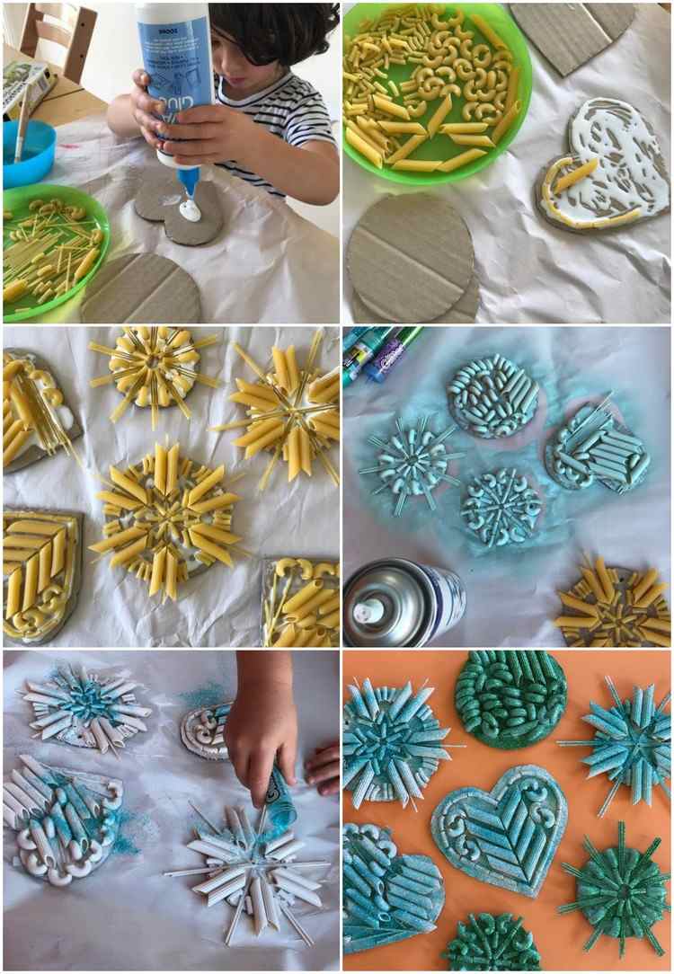 Vytvorte srdiečka snehových vločiek z cestovín s 3 -ročnými