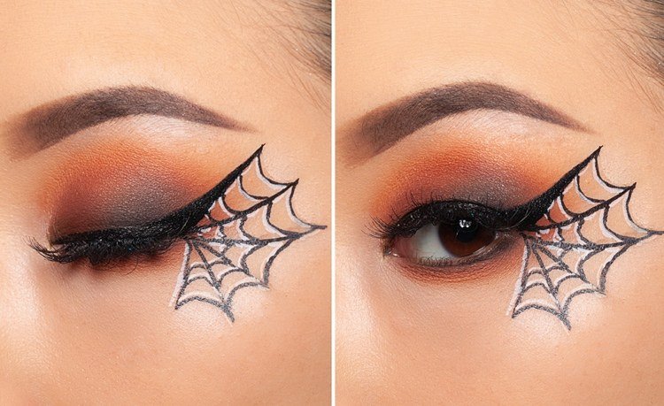 Halloween očný make -up v oranžovej farbe s pavučinou
