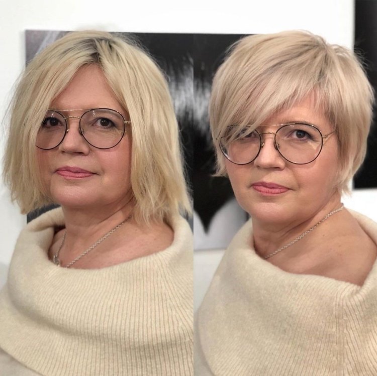 krátky účes okrúhla tvár s okuliarmi od 50 pred po