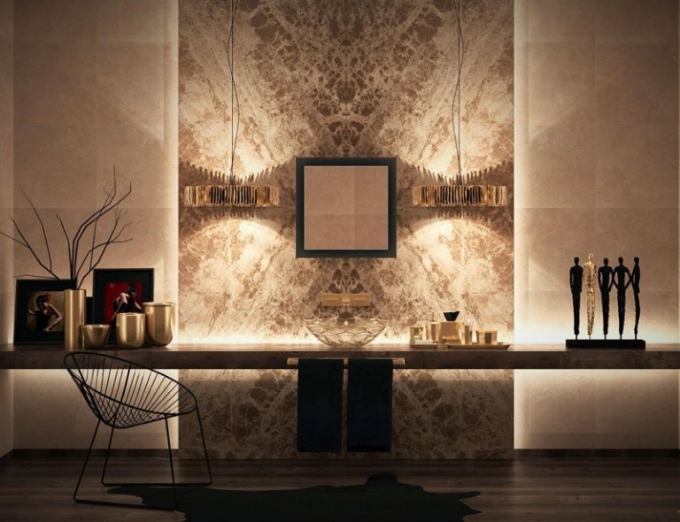 Kúpeľňa so stenou z prírodného kameňa. Drevené umývadlo a umývadlo na dosku vyrobené z kryštálu Kúpeľňový dizajn-nápady do kúpeľne-prírodný kameň-obklady-umývadlo-drevo-chudé-umývadlo-kryštál