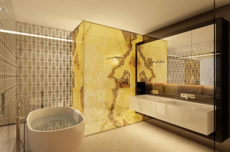 Onyx-osvetlená stena kúpeľne a čierna drevená skrinka Návrh kúpeľne-nápady do kúpeľne-onyx-akcent-malá kúpeľňa-luxus-nápady